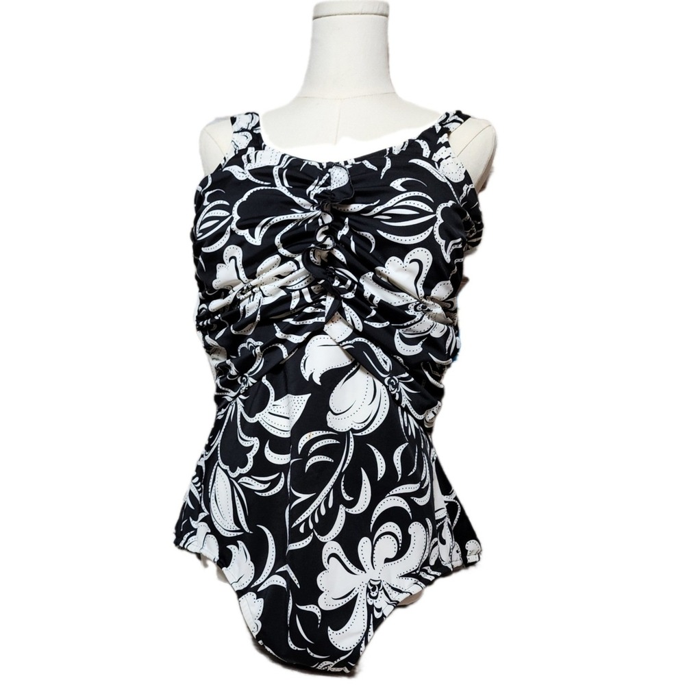 Swim Solutions Women Black White Floral One Piece Swimsuit Tummy Control 20 NEW